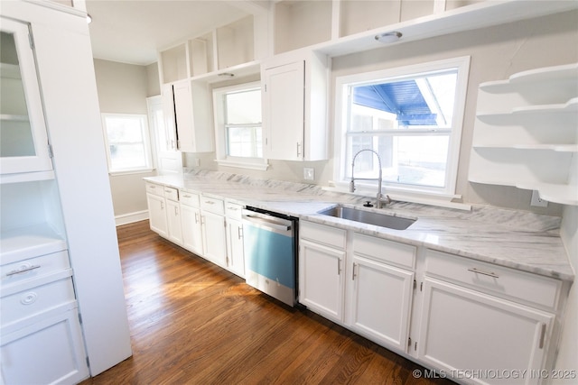 kitchen with light stone counters, dark wood-type flooring, sink, dishwasher, and white cabinetry