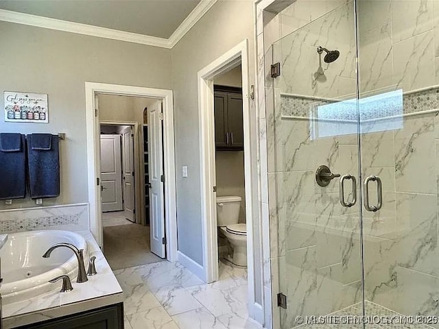 bathroom featuring toilet, crown molding, and shower with separate bathtub