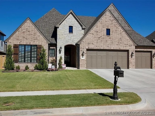 view of front of house featuring a garage and a front lawn