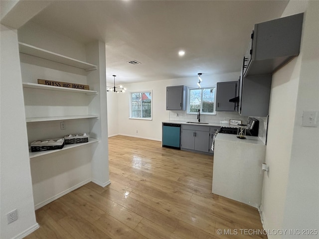 kitchen featuring exhaust hood, stainless steel dishwasher, decorative backsplash, sink, and light hardwood / wood-style flooring