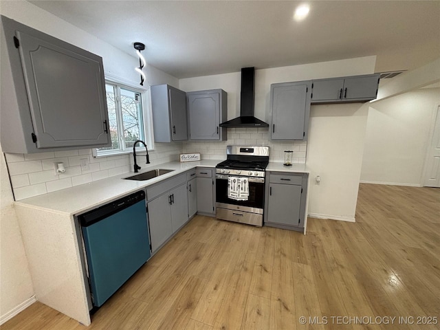 kitchen with backsplash, sink, gray cabinetry, stainless steel appliances, and wall chimney exhaust hood