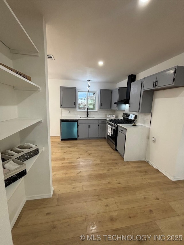 kitchen with wall chimney exhaust hood, stainless steel appliances, sink, gray cabinets, and light wood-type flooring