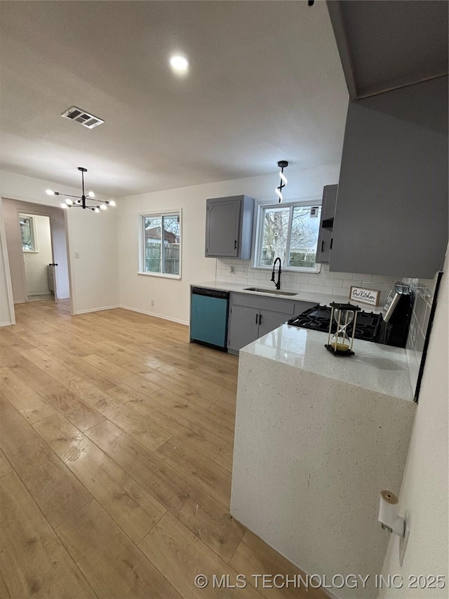 kitchen with decorative backsplash, sink, appliances with stainless steel finishes, gray cabinetry, and light stone counters