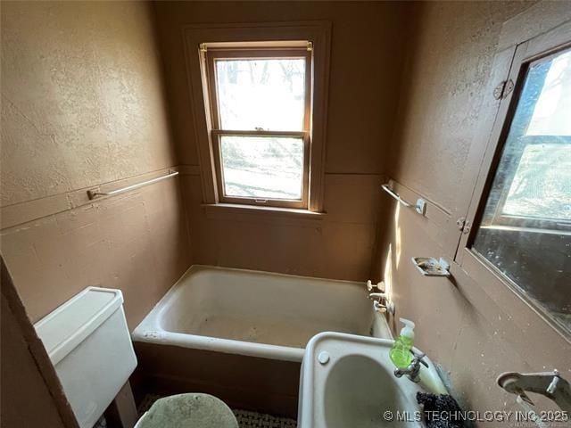 bathroom with a bathing tub, toilet, and sink