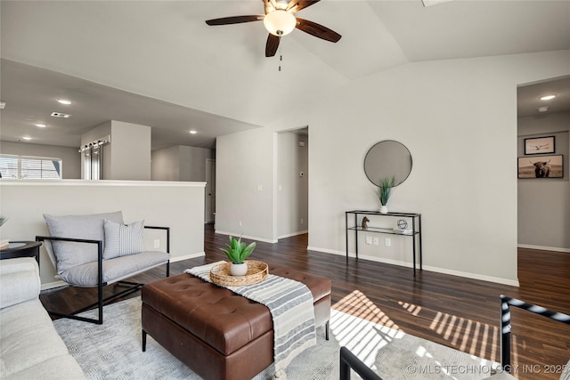 living room with vaulted ceiling, ceiling fan, and hardwood / wood-style floors