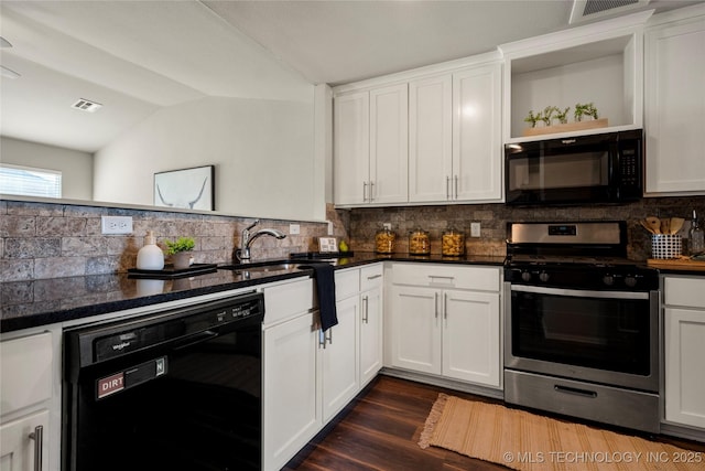 kitchen featuring dark hardwood / wood-style floors, lofted ceiling, sink, white cabinets, and black appliances