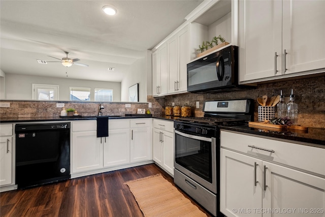 kitchen with decorative backsplash, black appliances, dark hardwood / wood-style floors, and white cabinets