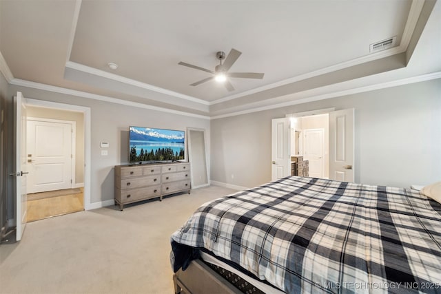 carpeted bedroom featuring a raised ceiling, ceiling fan, and crown molding