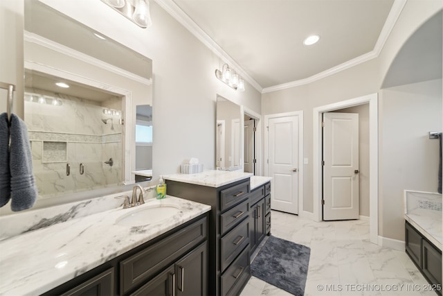 bathroom with walk in shower, crown molding, and vanity