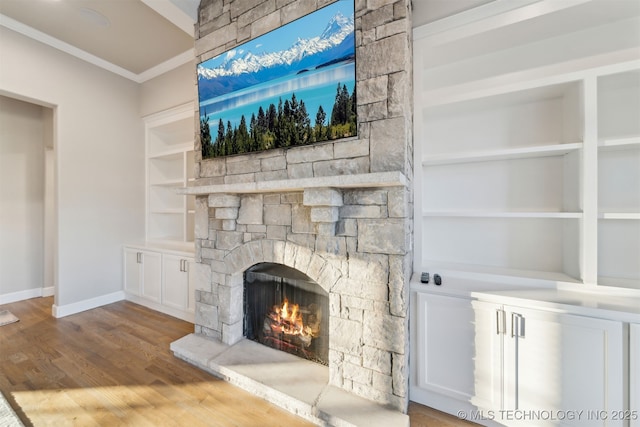 room details featuring ornamental molding, a stone fireplace, built in features, and wood-type flooring