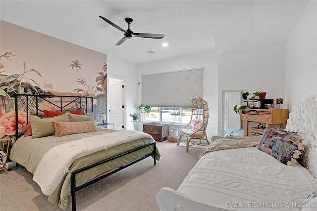 bedroom with light colored carpet, ceiling fan, and access to outside