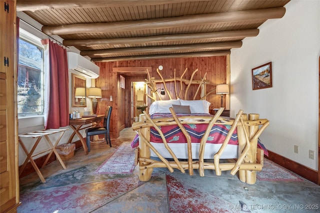 bedroom featuring wood walls, wood ceiling, beam ceiling, and multiple windows