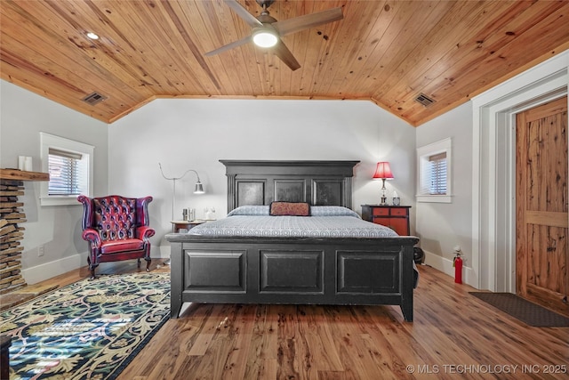 bedroom with hardwood / wood-style flooring, ceiling fan, lofted ceiling, and wood ceiling