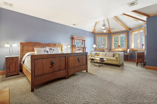 carpeted bedroom featuring vaulted ceiling