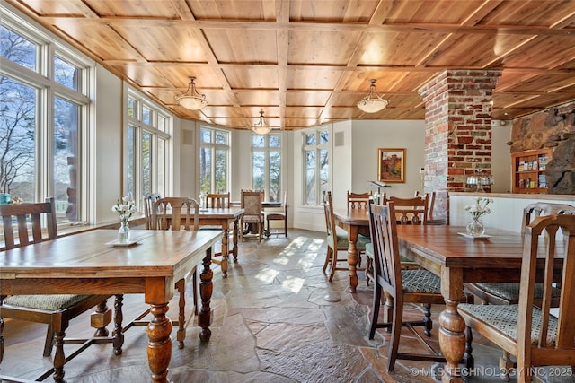 dining room featuring a healthy amount of sunlight and wooden ceiling