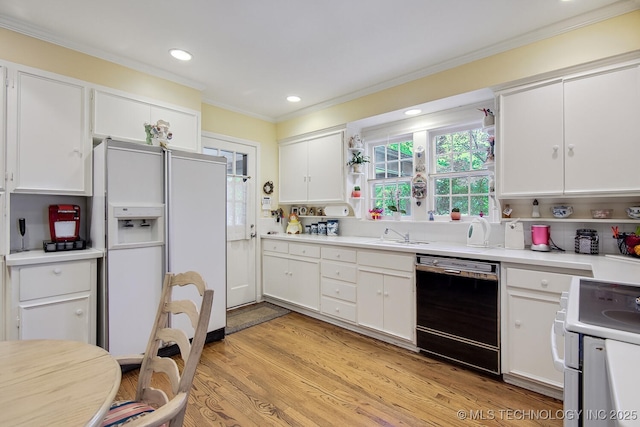 kitchen with stove, white cabinets, white refrigerator with ice dispenser, light hardwood / wood-style flooring, and dishwasher