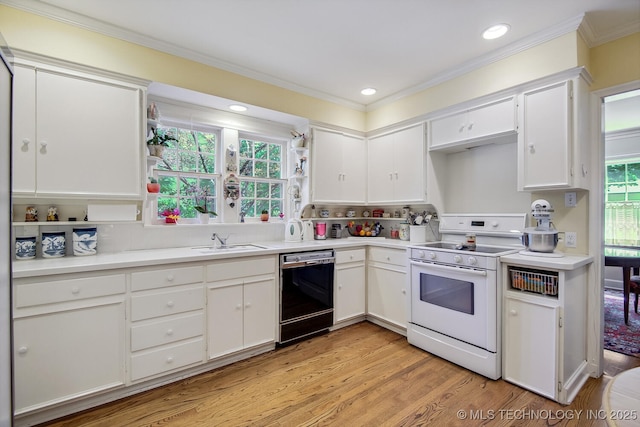 kitchen with dishwasher, sink, light wood-type flooring, white range with electric stovetop, and white cabinetry