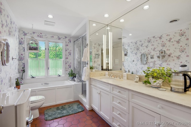 full bathroom featuring shower with separate bathtub, vanity, toilet, and crown molding