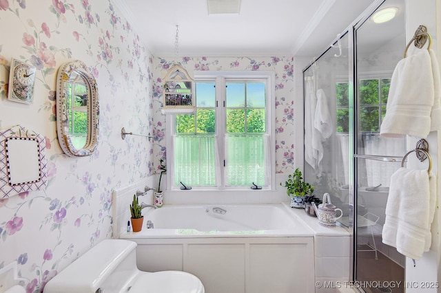 bathroom featuring a bathing tub, a healthy amount of sunlight, and crown molding