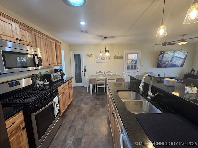 kitchen with stainless steel appliances, sink, ceiling fan with notable chandelier, hanging light fixtures, and dark hardwood / wood-style flooring