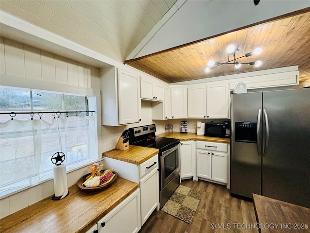 kitchen with dark hardwood / wood-style flooring, white cabinets, butcher block countertops, wood ceiling, and stainless steel appliances