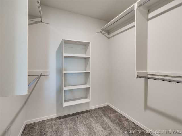 spacious closet featuring dark colored carpet