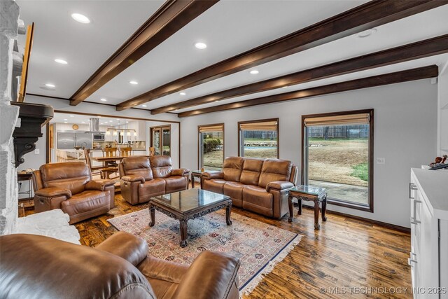 living room featuring wood-type flooring and beamed ceiling