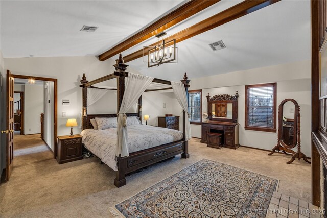 bedroom with light carpet, vaulted ceiling with beams, and an inviting chandelier