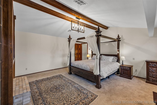 carpeted bedroom featuring a chandelier and vaulted ceiling with beams