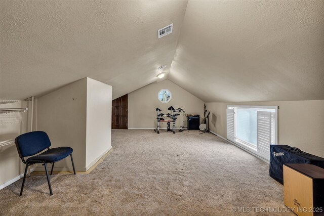 additional living space featuring carpet flooring, vaulted ceiling, and a textured ceiling