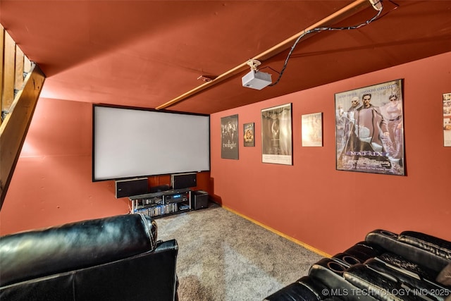 home theater room featuring carpet floors