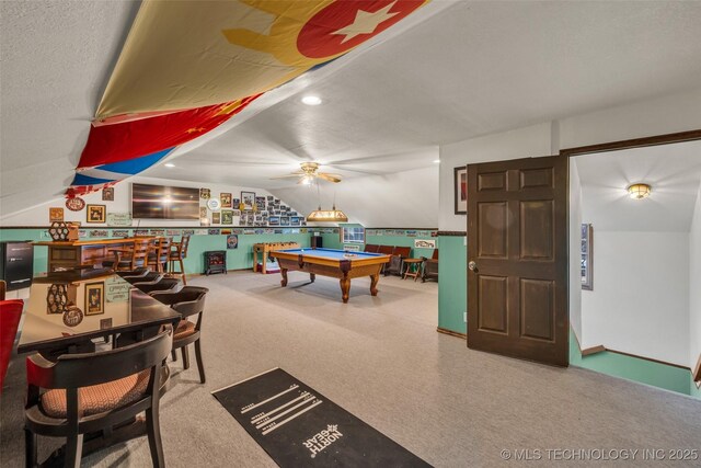 playroom with ceiling fan, pool table, and a textured ceiling