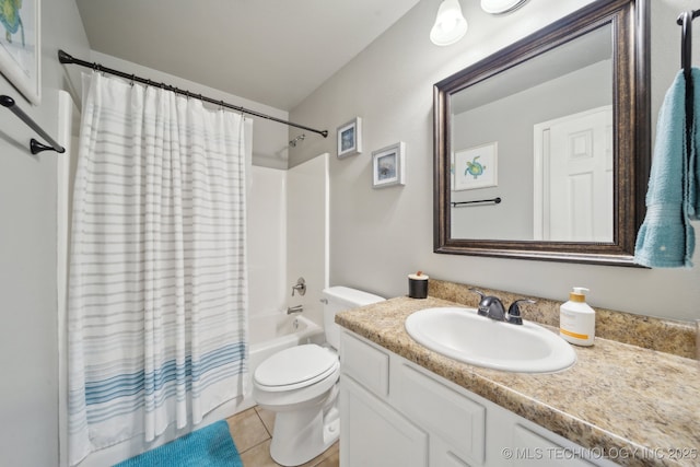 full bathroom featuring tile patterned flooring, shower / tub combo, vanity, and toilet