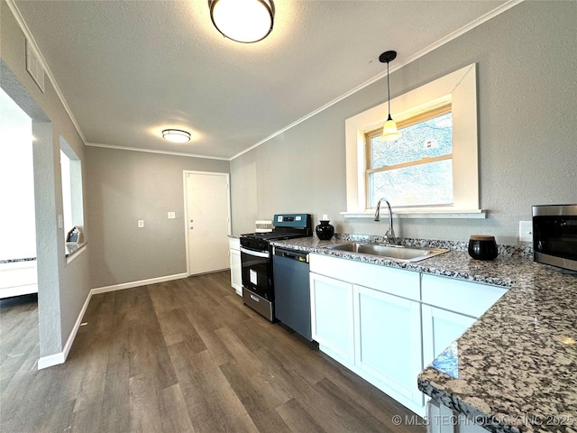 kitchen featuring white cabinetry, stainless steel appliances, dark hardwood / wood-style floors, decorative light fixtures, and sink