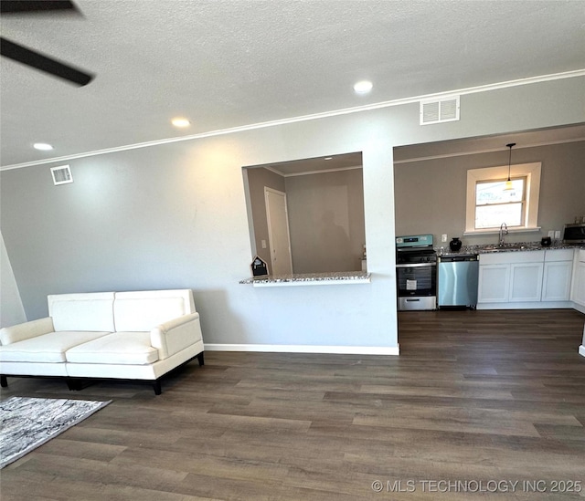 unfurnished living room featuring sink, a textured ceiling, and dark hardwood / wood-style floors