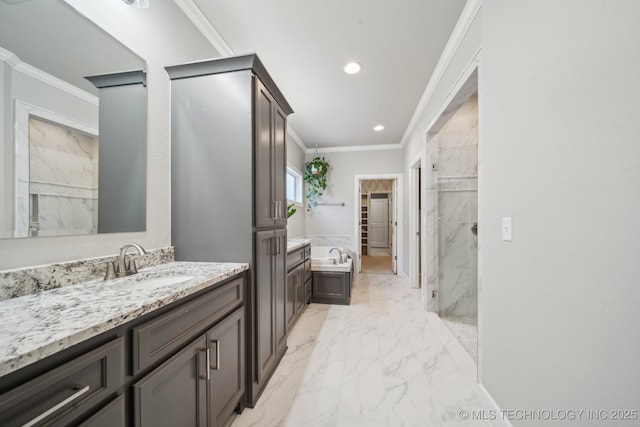 bathroom featuring vanity, separate shower and tub, and crown molding