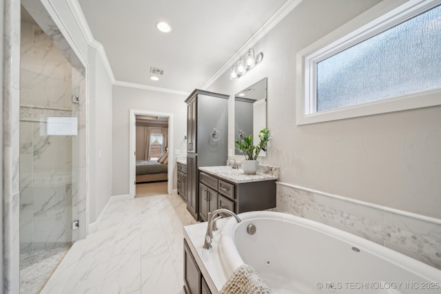 bathroom featuring plus walk in shower, vanity, and ornamental molding