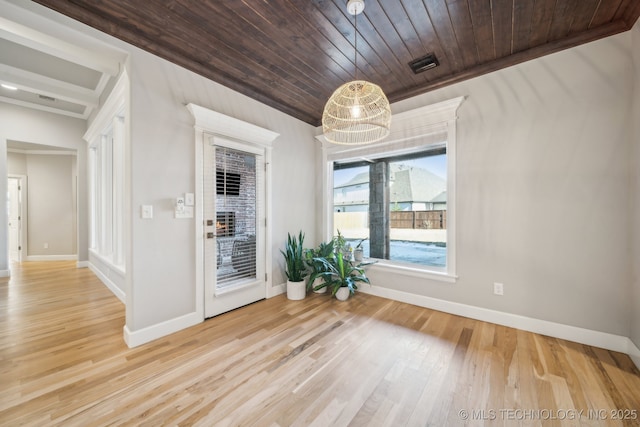 interior space featuring wood ceiling and light wood-type flooring