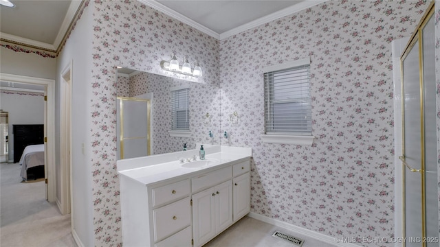 bathroom featuring an enclosed shower, crown molding, and vanity