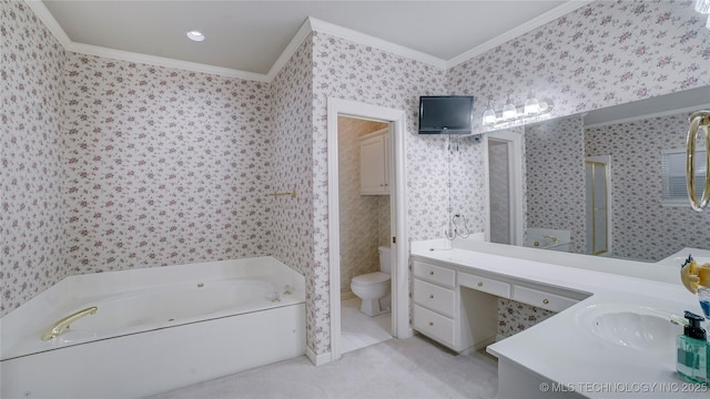 full bathroom with toilet, tile patterned floors, separate shower and tub, vanity, and crown molding