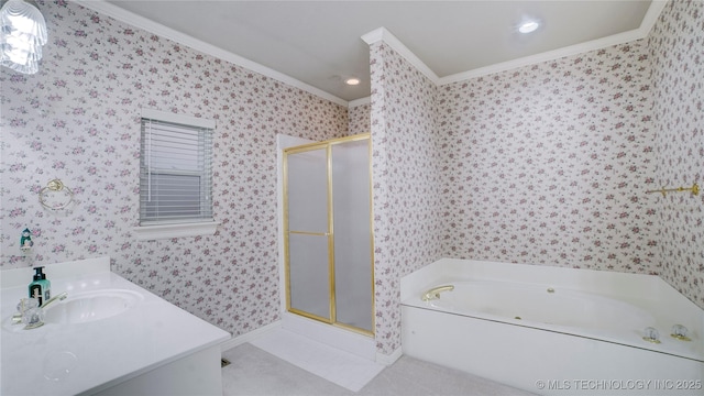 bathroom featuring plus walk in shower, tile patterned flooring, crown molding, and vanity