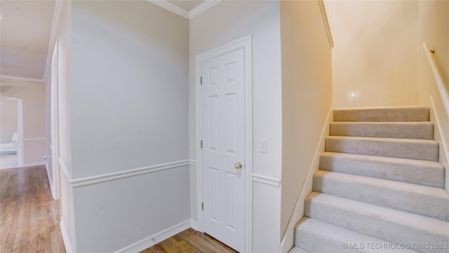 staircase with hardwood / wood-style floors and crown molding