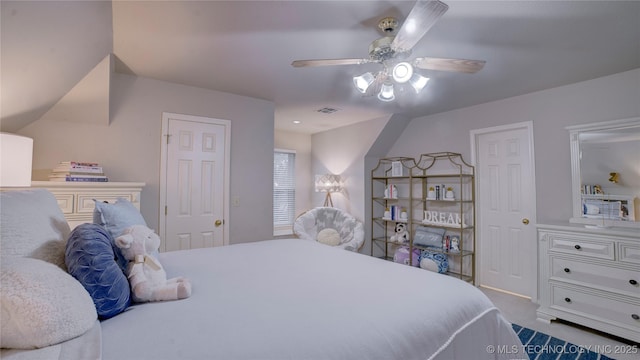 bedroom featuring light carpet and ceiling fan