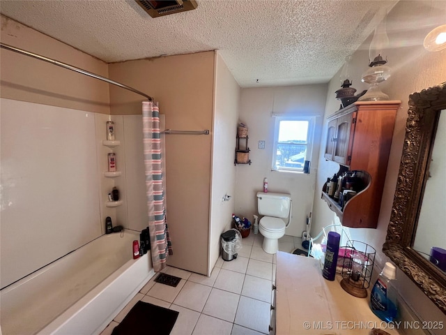 bathroom featuring tile patterned flooring, toilet, shower / bathtub combination with curtain, and a textured ceiling