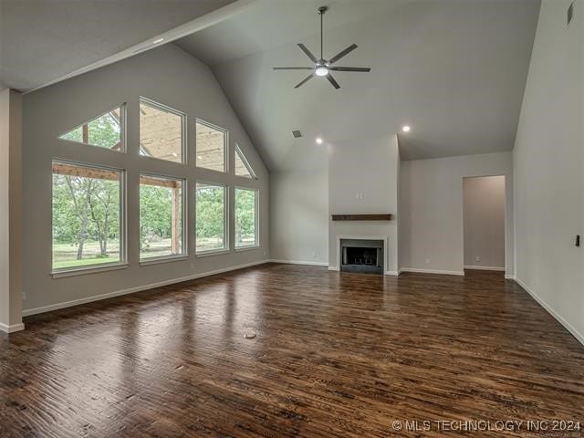 unfurnished living room featuring ceiling fan, dark hardwood / wood-style floors, and high vaulted ceiling