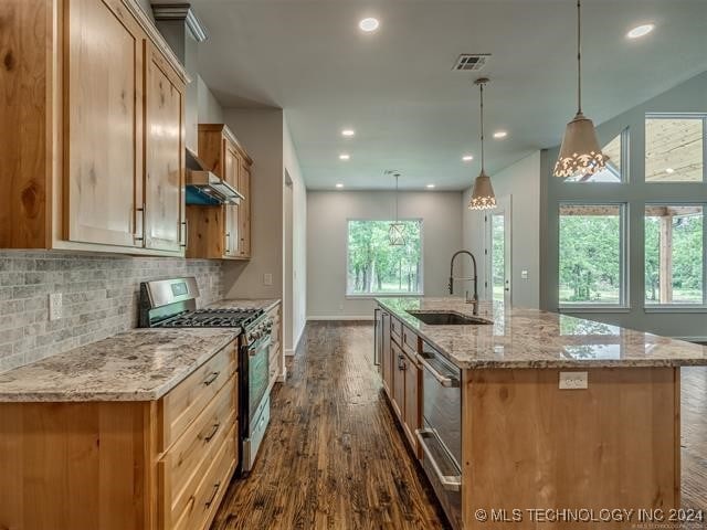 kitchen featuring gas range, sink, a spacious island, decorative light fixtures, and exhaust hood