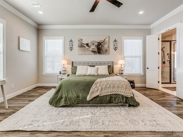 bedroom featuring ceiling fan, dark hardwood / wood-style flooring, and crown molding