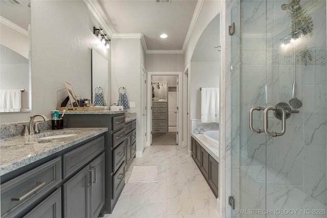 bathroom featuring vanity, crown molding, and independent shower and bath