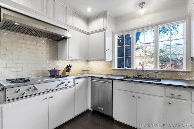 kitchen featuring sink, appliances with stainless steel finishes, white cabinetry, decorative backsplash, and wall chimney exhaust hood