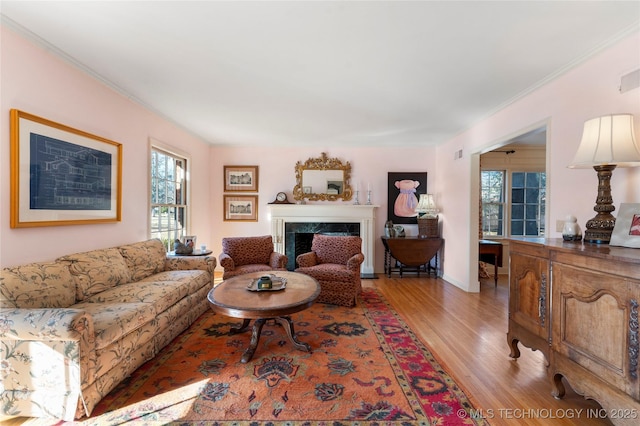 living room with crown molding, a premium fireplace, and light wood-type flooring